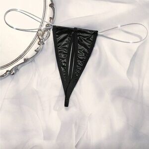 Crotchless Faux leather minimalist thong panty w rhinestone straps